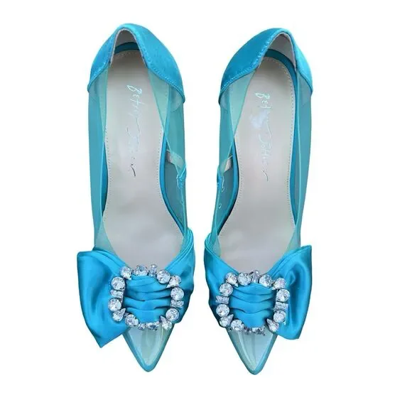 Betsey Johnson Teal Blue Rhinestone Bow wedding pointed toe heel Maise Pump 9.5 - Picture 9 of 11